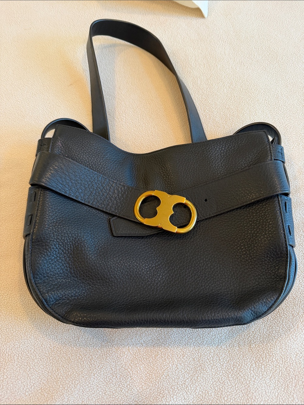 Tory Burch Black Pebbled Leather Shoulder Bag with Gold Logo Closure